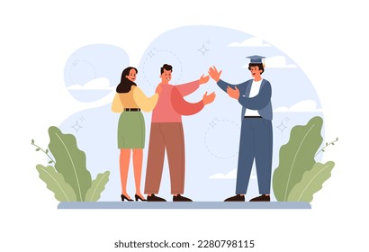 High school or college graduation. Celebration and diploma awarding ceremony. Happy student with a education certificate and supportive friends. Academic achievement. Flat vector illustration