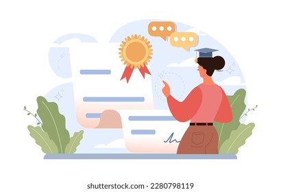 High school or college graduation. Celebration and diploma awarding ceremony. Happy student with a education certificate. Academic achievement idea. Flat vector illustration