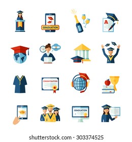 High school college graduation flat pictograms collection with official diploma and academic hat abstract isolated vector illustration