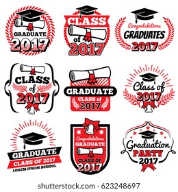 High school and college graduation, off to school vector logos and labels set