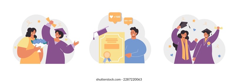 High school or college graduation set. Celebration and diploma awarding ceremony. Happy students in uniform got their study certificate. Academic achievement idea. Flat vector illustration