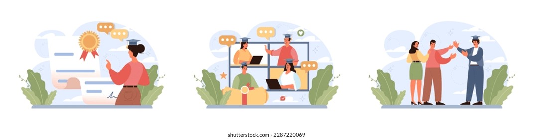 High school or college graduation set. Celebration and diploma awarding ceremony. Happy students in uniform got their study certificate. Academic achievement idea. Flat vector illustration