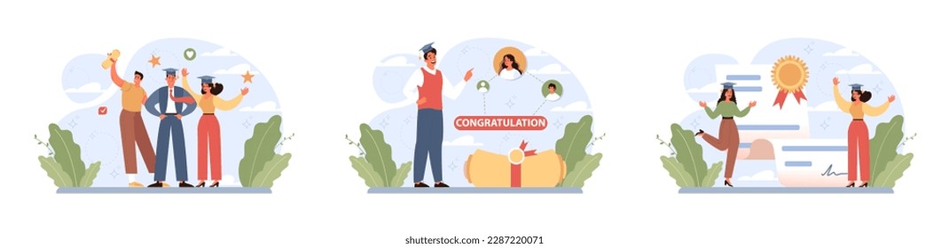 High school or college graduation set. Celebration and diploma awarding ceremony. Happy students in uniform got their study certificate. Academic achievement idea. Flat vector illustration