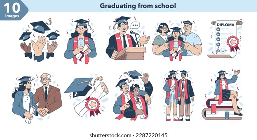 High school or college graduation set. Celebration and diploma awarding ceremony. Happy student throwing up graduation caps. Academic achievement idea. Flat vector illustration