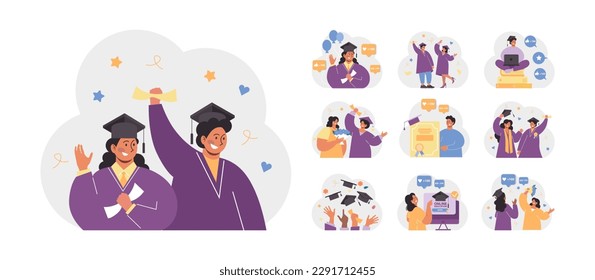 High school or college graduation set. Celebration and diploma awarding ceremony. Happy students in uniform got their study certificate. Academic achievement idea. Flat vector illustration