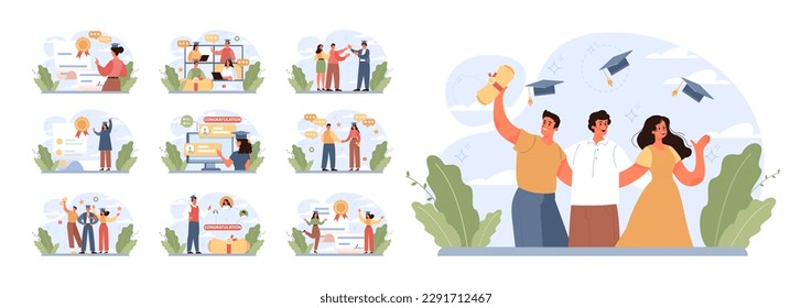 High school or college graduation set. Celebration and diploma awarding ceremony. Happy students in uniform got their study certificate. Academic achievement idea. Flat vector illustration