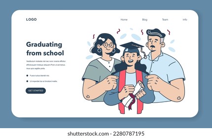 High school or college graduation web banner or landing page. Celebration and diploma awarding ceremony. Happy student with supportive parents. Academic achievement idea. Flat vector illustration