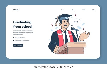 High school or college graduation web banner or landing page. Celebration and diploma awarding ceremony. Happy student making a congratulatory speech. Academic achievement. Flat vector illustration