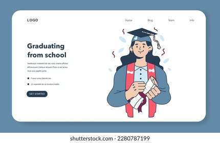 High school or college graduation web banner or landing page. Celebration and diploma awarding ceremony. Happy student with a education certificate. Academic achievement idea. Flat vector illustration