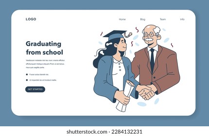 High school or college graduation web banner or landing page. Celebration and diploma awarding ceremony. Happy student with a education certificate. Academic achievement idea. Flat vector illustration