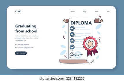 High school or college graduation web banner or landing page. Celebration and diploma awarding ceremony. Education certificate. Academic achievement idea. Flat vector illustration