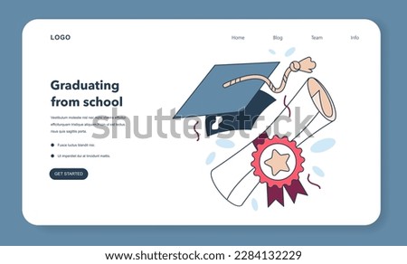 High school or college graduation web banner or landing page. Celebration and diploma awarding ceremony. Happy student with a education certificate. Academic achievement idea. Flat vector illustration
