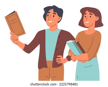 Estudiantes de secundaria o universitarios de pie con libros. Niña y niño con literatura educativa, leyendo a jóvenes aislados ilustraciones vectoriales planas sobre fondo blanco