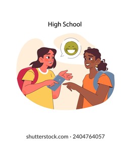 High school concept. Two teenage students exchange cheerful conversation, cracking jokes and having laugh. Social interactions and communication with friends in adolescence. Flat vector illustration.