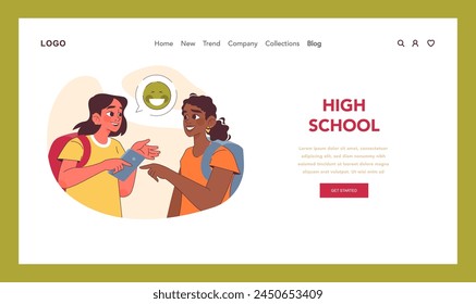 High school concept. Two teenage students exchange cheerful conversation, cracking jokes and having laugh. Social interactions and communication with friends in adolescence. Flat vector illustration.