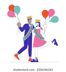 High school couple prom queen king cartoon flat illustration. Highschool sweethearts holding balloons 2D characters isolated on white background. Boyfriend girlfriend congrats scene vector color image