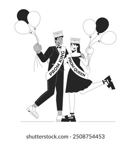 High school couple prom queen king black and white line illustration. Highschool sweethearts holding balloons 2D linear characters isolated. Boyfriend girlfriend congrats monochrome vector outline