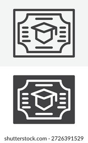High School Diplom Zertifikat anderer Stil Icon-Set. Linien-, Umriss- und Volltonsymbolversionen mit bearbeitbarem Strich. Vektorzeichen und Symbol für die Graduierung. Diplom-Symbol.