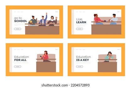 High School Education Landing Page Template Set. Students Listening Lecture in University Or College Hall, Characters Sitting on Tribune Taking Notes, Raising Hands. Cartoon People Vector Illustration