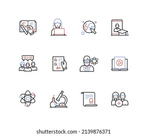 High School Education And Study - Line Design Style Icons Set With Editable Stroke. Scientific Research, University And Knowledge Acquisition. Students, Professor, Laboratory, Atom, Online Learning