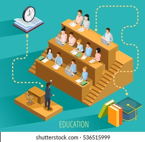 High school education with university lecture  study textbooks and graduation symbols isometric flowchart elements poster vector illustration 