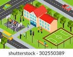 High school educational facility  building with outdoor sport complex and school bus isometric banner abstract vector illustration