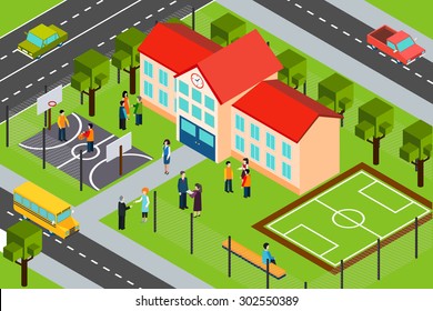 High school educational facility  building with outdoor sport complex and school bus isometric banner abstract vector illustration