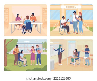 High School Equity 2D Vector Isolated Illustration Set. Inclusion Flat Characters On Cartoon Background. Colourful Editable Scenes Collection For Mobile, Website, Presentation. Archivo Black Font Used