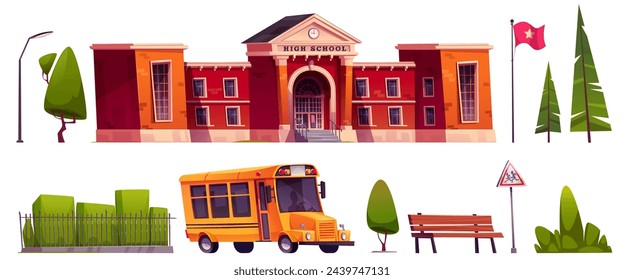 Conjunto de elementos vectoriales de caricatura exterior de la escuela secundaria. establecimiento educativo con paredes rojas, autobús infantil amarillo, banco y farola de la calle, bandera y plantas y árboles verdes. La escuela afuera.