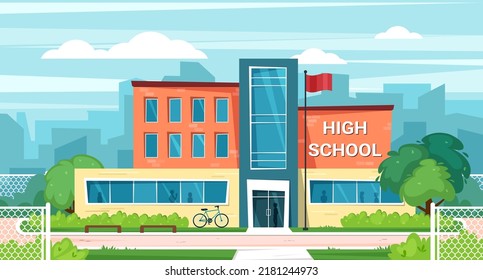 high school facade. urban landscape background with institute or university building. Vector cartoon city municipal building