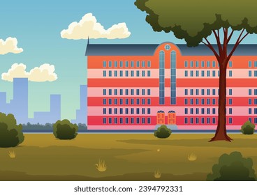 Fachada de secundaria. Antecedentes urbanos con construcción de institutos o universidades. Edificio municipal de caricatura vectorial