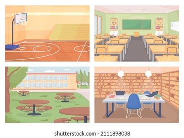 High school flat color vector illustration set. Basketball court. Gymnasium space. Classroom with desks. Empty class rooms 2D cartoon interior with furniture on background collection