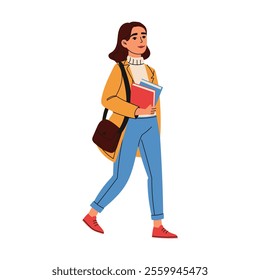 High school girl with bag holding books. Education concept. Hand drawn style.