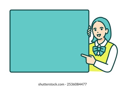 Chica de secundaria en blazer explica puntos importantes. Ilustración vectorial con espacio de texto.