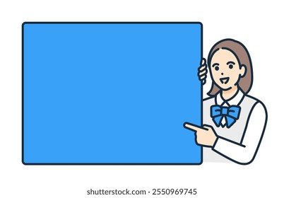 Una chica de secundaria con una chaqueta explica los puntos importantes. Material de Ilustración vectorial con espacio de texto.