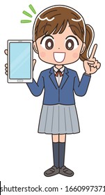 A high school girl in a blazer uniform.She uses a smartphone.