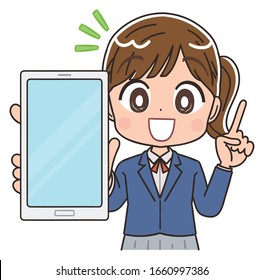 A high school girl in a blazer uniform.She uses a smartphone.