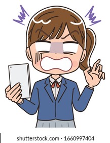 A high school girl in a blazer uniform.She uses a smartphone.