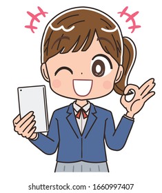 A high school girl in a blazer uniform.She uses a smartphone.
