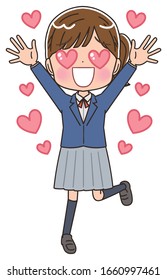 A high school girl in a blazer uniform.She has positive emotions.
