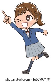 A high school girl in a blazer uniform.She has positive emotions.