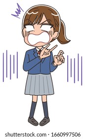 A high school girl in a blazer uniform.She has negative emotions.