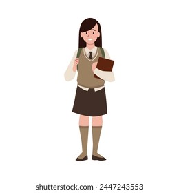 Chica de secundaria con libro y Ilustración vectorial de mochila. Adolescente de dibujos animados con uniforme escolar, blazer, camisa y corbata. Linda estudiante feliz, amiga universitaria aislada en blanco