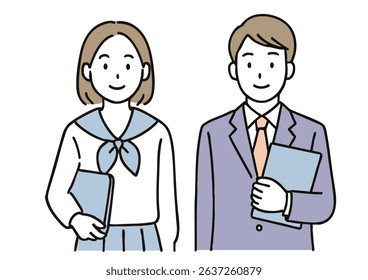 High School Girl and Businessman Holding Documents on white background