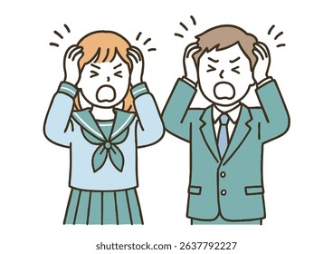 High school girl and businessman holding their heads in distress on white background