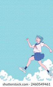 A high school girl cheerfully jumps into the summer sky