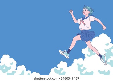 A high school girl cheerfully jumps into the summer sky