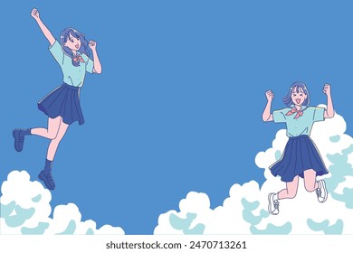 A high school girl cheerfully jumps into the summer sky