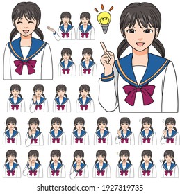High school girl face illustration with various facial expressions