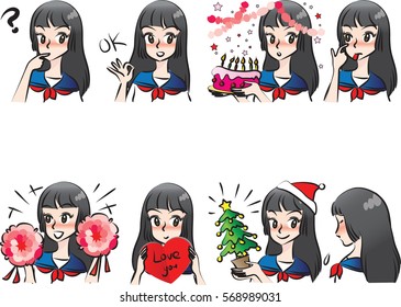 high school girl face sticker set